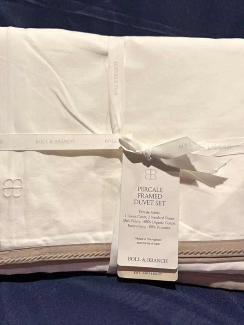 Boll & Branch Full/Queen White/Oak Percale Embellished Duvet Cover Set